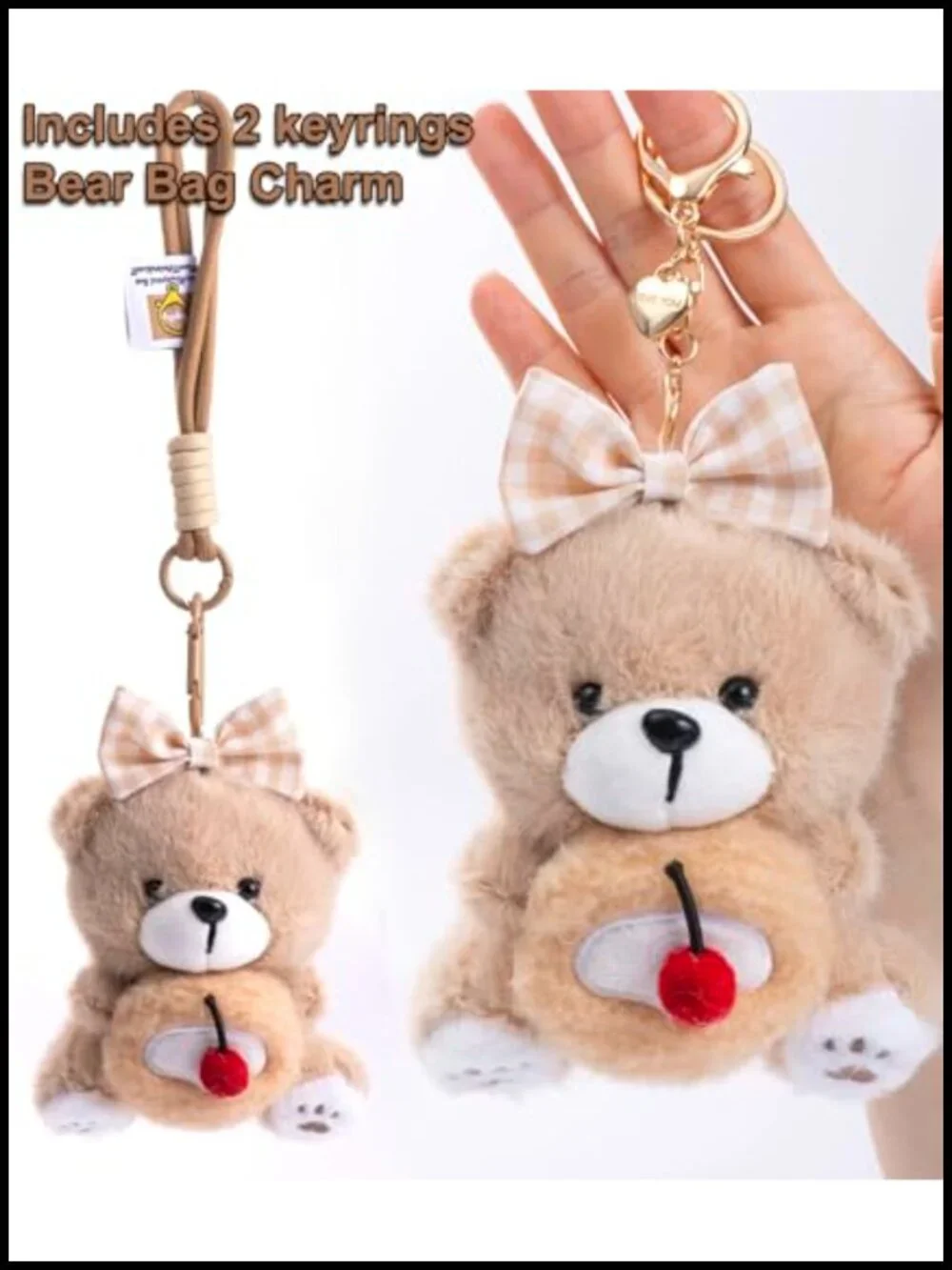 Plush Bear Keychain Bag Charm with Nylon Cord Strap - Cute Gift